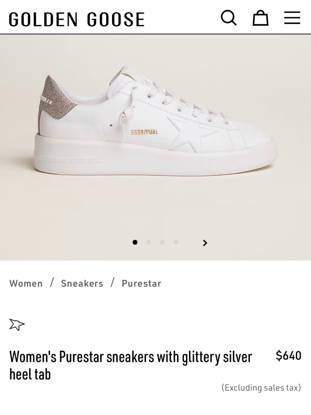 Golden Goose Purestar Sneakers in White with Silver Glitter Heel size 38
